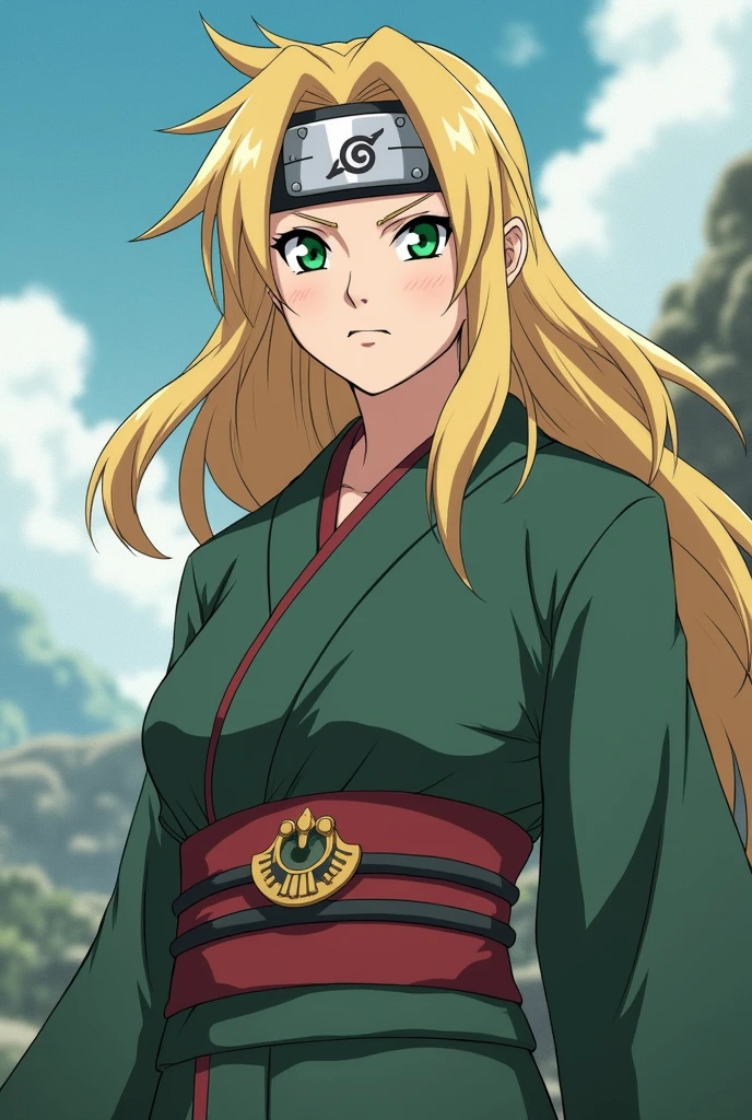 Facial Expression: Capture a fierce and determined expression. She often has a confident smirk or a serious gaze that reflects her strength and resilience.
Hair: Tsunade has long, blonde hair. Consider giving her a slightly tousled look to show movement or energy, which adds to her strong demeanor.
Eyes: Emphasize her emerald green eyes. You could give them a fierce gleam to match her strong expression.
Clothing: Tsunade typically wears a kimono-style outfit. You could design her wearing her traditional attire or opt for a more modern twist while retaining her signature colors (greens and beige).
Accessories: Incorporate her forehead protector as a headband, and perhaps add some jewelry that hints at her status as a legendary ninja.
Background: Use a simple, dynamic background that frames her well—perhaps a blurred landscape or a symbol that represents her character, like a wooden training ground or the Konoha symbol.
Full body image