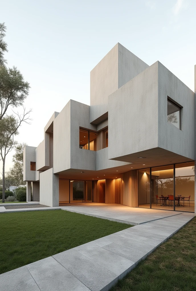 Create an architectural image for the outside of a very large, open-concept, single-story equine therapy center for people with disabilities that looks complete with the features of the works of architect Carme Pinós, with very abstract and superimposed square figures