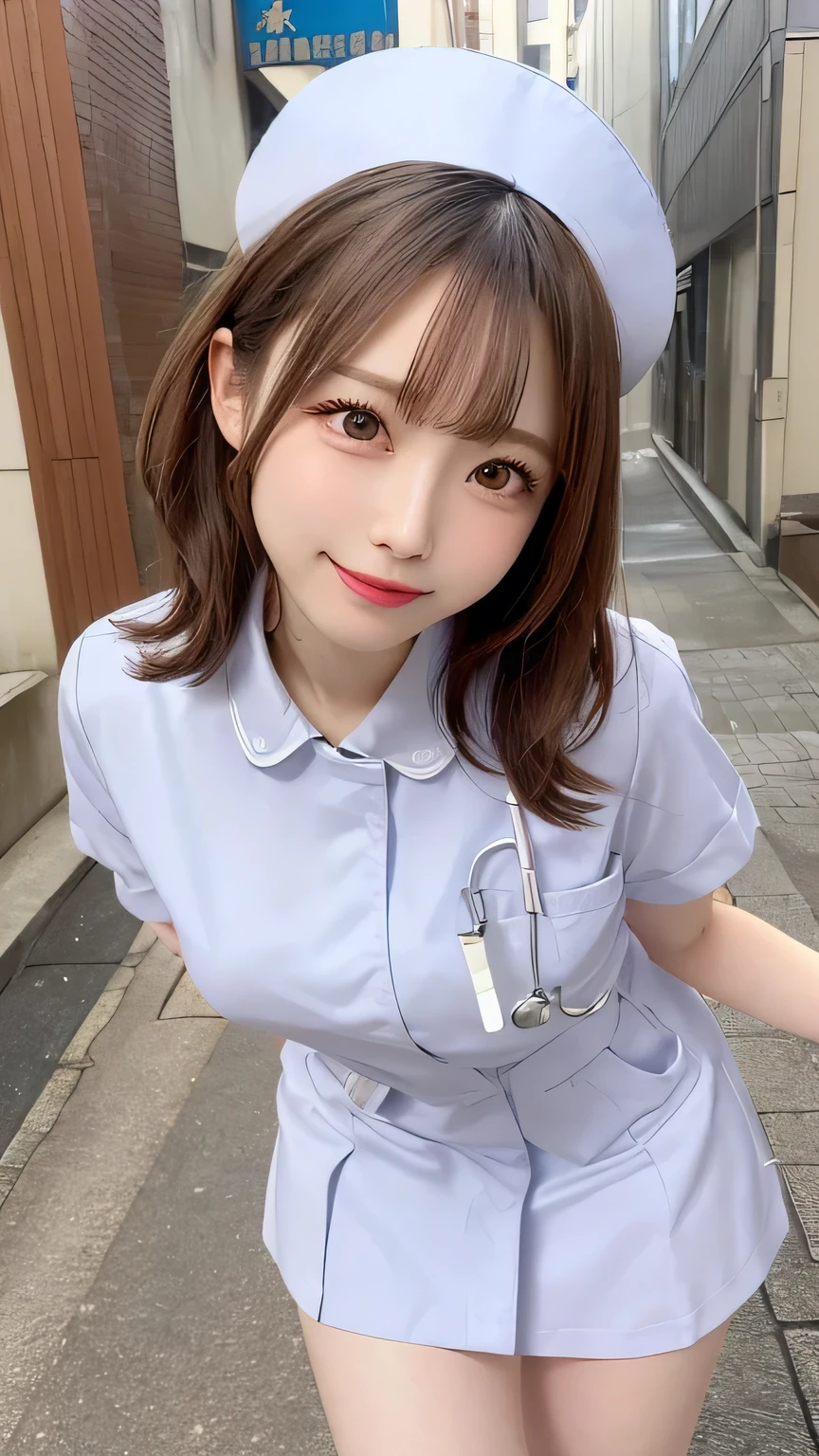 Tabletop, Highest quality, figure, Very detailed, In detail, High resolution, 8k wallpaper, Perfect dynamic composition, Beautiful attention to detail, (Nurse uniform、Panty shot 1.2),Medium Hair, Natural color lip, Random sexy poses,smile,Aoyama Street Walk、2