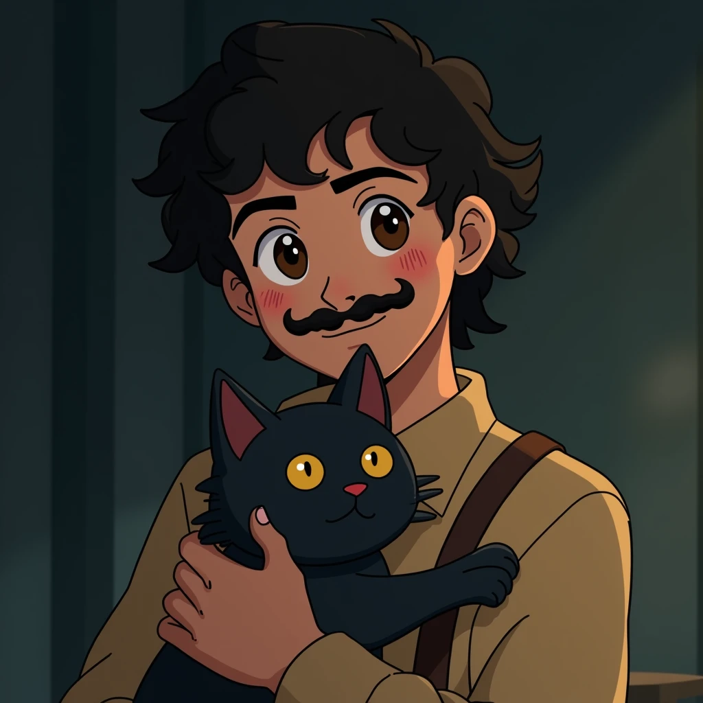 I would like a Ghibli style profile icon of a young man with a Handlebar mustache, a beard only under his mouth and on the tip of his chin, brown eyes and curly hair on top and sides cut shorter and he is holding a black cat, the background is something a little darker