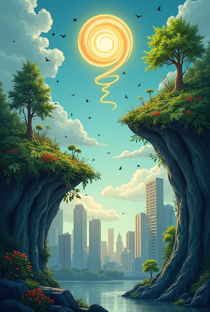Main Image: A cover divided into two halves: On top, a vibrant natural landscape with birds and lush vegetation; On the bottom, a grey city with buildings and smoke. In the middle, a spiral that connects both worlds, with small green shoots emerging from the grey city and growing into the vibrant landscape. Using figure and ground