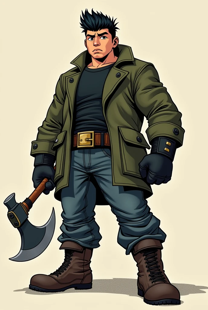 In the Human Comics style, create a character, Godri, a fat, broad, muscular boy with a determined look and an imposing presence. He has straight, black hair combed upwards. He wears a short moss green coat and a black shirt underneath, dark jeans with round, steel-toed boots, and a black leather glove. In one hand he holds a large steel axe with black ruffs and gold details.