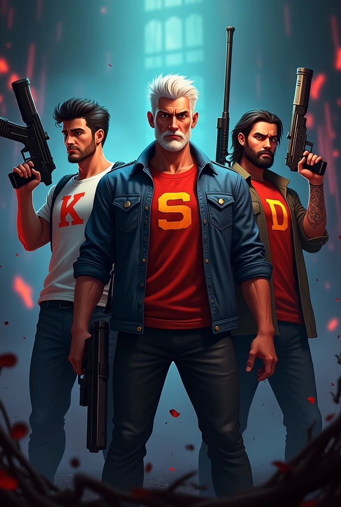 Gamer logo of three people with weapons and initials on their shirts (s)the other one (k) y the other one (D) that the background is horror that one is dark the other white and the other with long hair that they are men with the initials on the shirt one with the (s) the other with the (k) and the long-haired one with the(D) a little animated