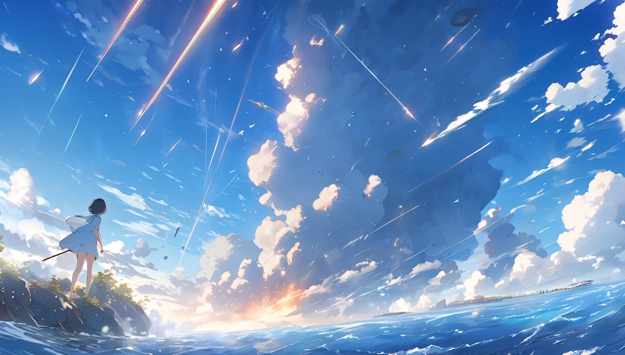High definition、high resolution、Masterpiece、Meteorites falling into the ocean、The sea surface explodes、Daytime background、Amazing young people、Makoto Shinkai style