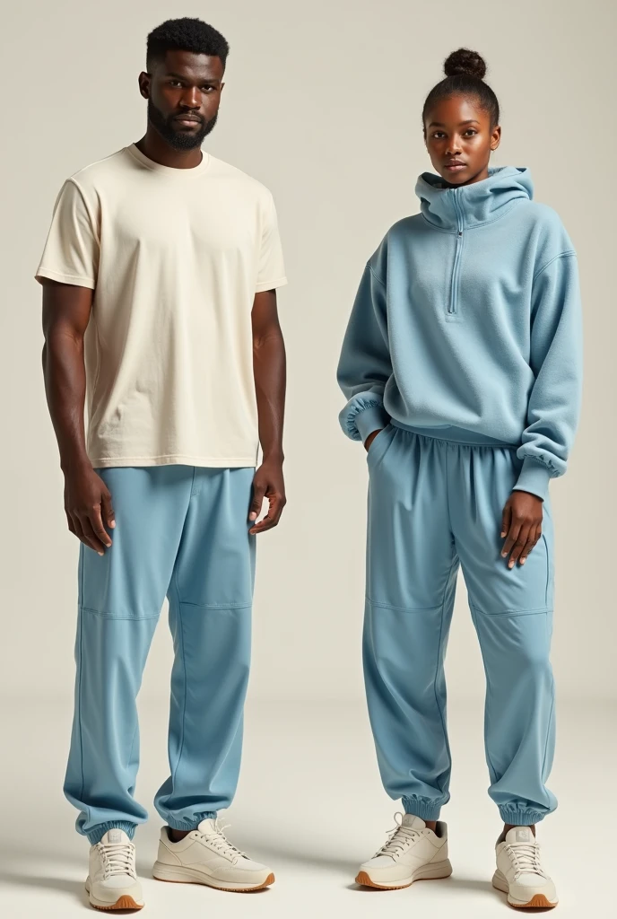 Create a sports outdoor uniform for men and women with pants, Sweater and T-shirt that combine, preferably cream and light blue