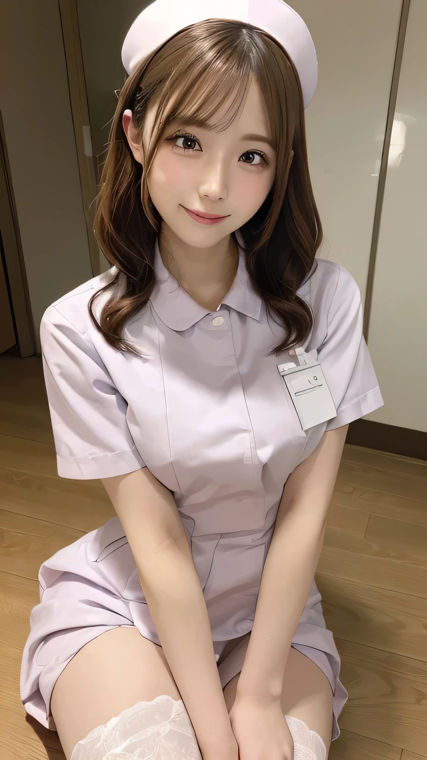 Tabletop, Highest quality, figure, Very detailed, In detail, High resolution, 8k wallpaper, Perfect dynamic composition, Beautiful attention to detail, (Nurse uniform、Sitting and panty shot 1.2),Medium Hair, Natural color lip, Random sexy poses,smile,Aoyama Street Walk、2