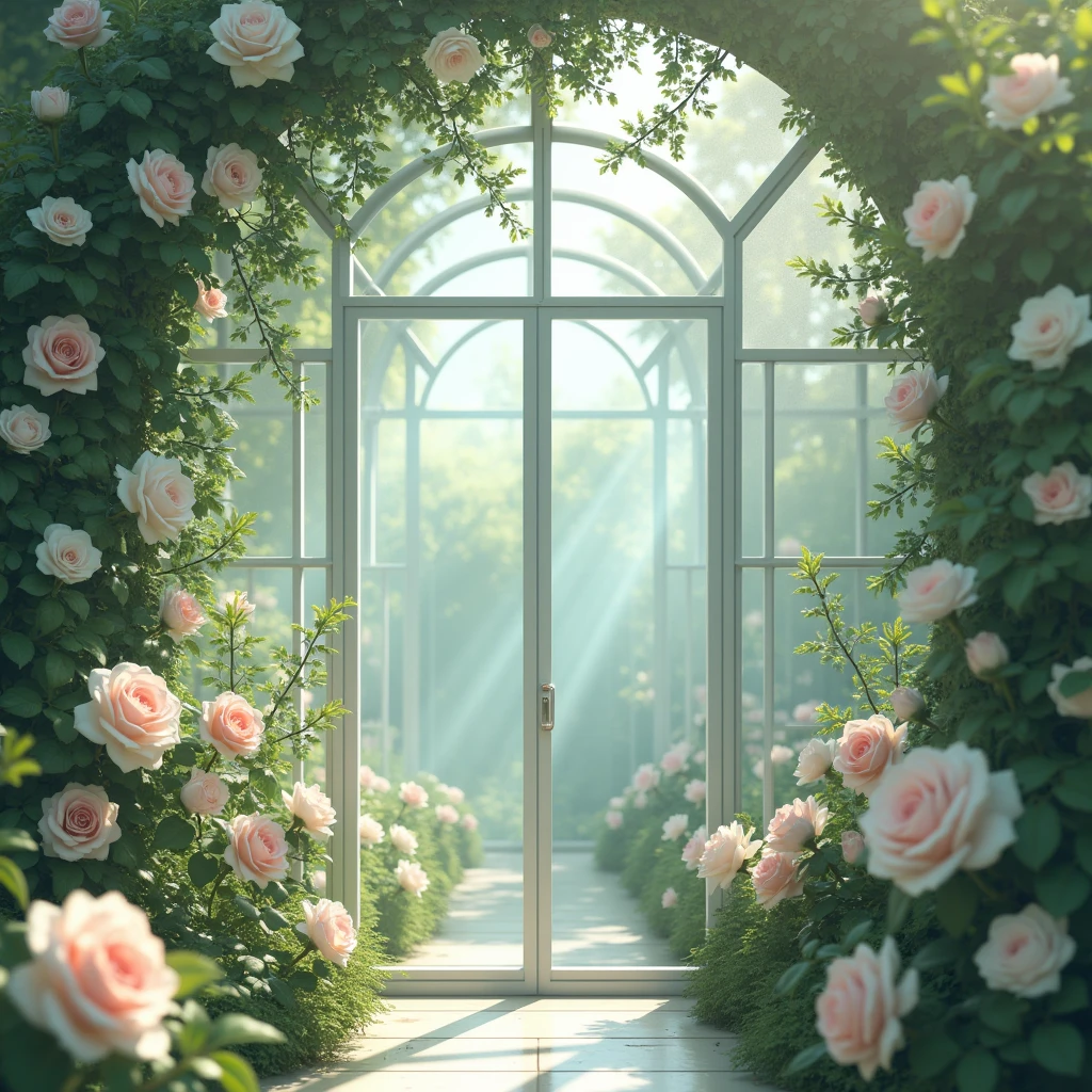 window,White and pink roses ,glass house