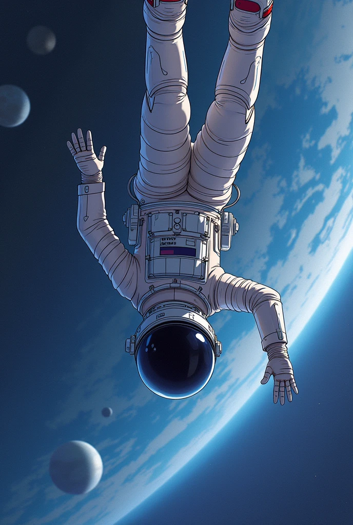 Astronaut falling upside down in space facing planets anime graphic