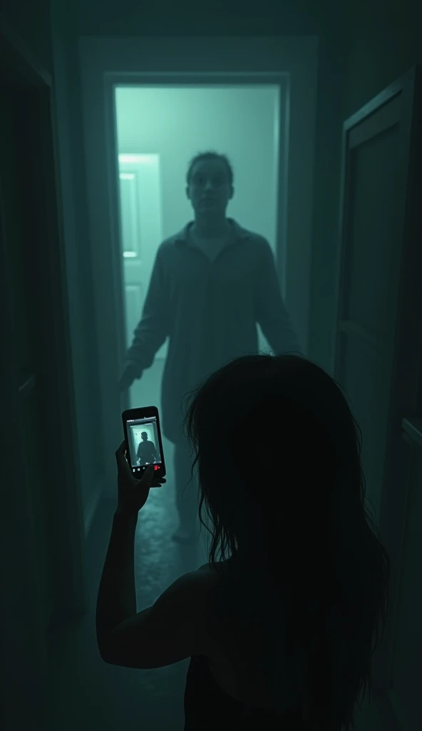 "A chilling nighttime scene inside a dimly lit room, where a person is taking a selfie with their phone. In the background, just out of focus, a shadowy, human-like figure stands in the corner, its features blurred and darkened. The figure appears to be slowly moving closer in each successive frame. The atmosphere is eerie, with shadows stretching across the walls, and a faint, unsettling glow coming from the phone screen. The person is oblivious to the figure behind them, adding to the tension and horror. The final image shows the figure right behind the person, its distorted face barely visible over their shoulder, staring directly into the camera. The room is filled with a haunting, ghostly light, amplifying the sense of dread and unease." (Size: 1024x1024)

