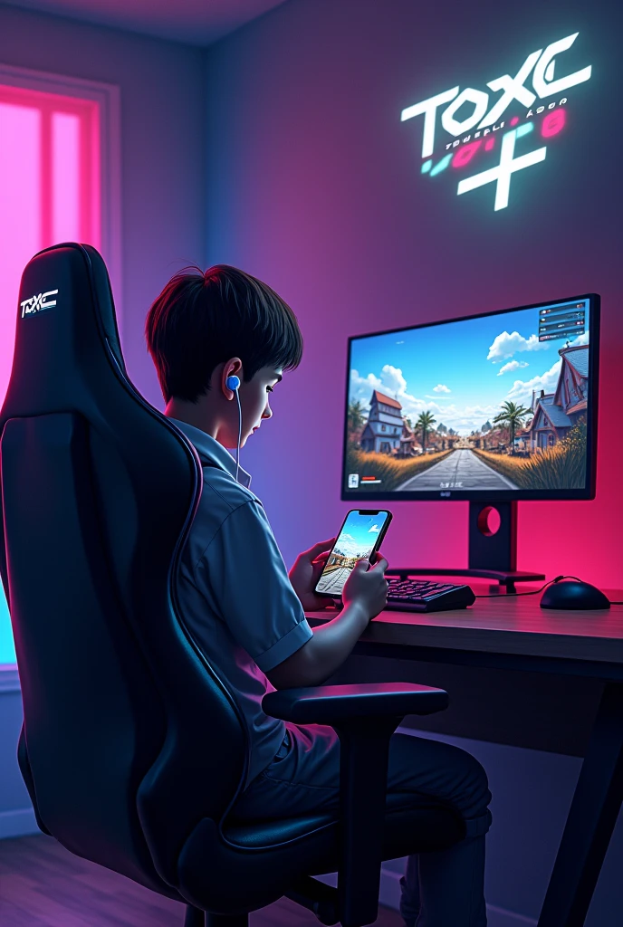 Make a wallpaper of a 1 boy holding a smartphone horizontally, playing Pubg game and earphone connected , sitting on a gaming chair in front of his Gaming Computer and RGB CPU. Pubg pochinki are shown in his computer. There are a logo frame hanging on the wall in which "TOXIC" named gaming logo are present. Ensure that name should clearly visible and logo give gaming vibes.