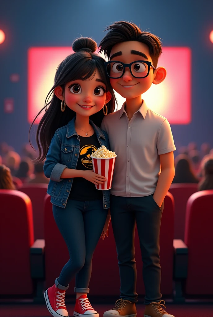 A couple arm in arm.
She is smiling, has a robust build, wide legs, small ears, and a light complexion., wide nose big brown eyes hair in a bun and straight curtain bangs, you wore a black Jurassic Park blouse, with a black denim jacket, black jeans and red converse. He is of slim build, tez morena, He wears square glasses, a wide nose, small eyes, short dark straight hair, small ears, and a formal white button-down shirt and black dress pants with brown shoes., protagonists of a Disney Pixar movie digital art. At the cinema watching a horror movie