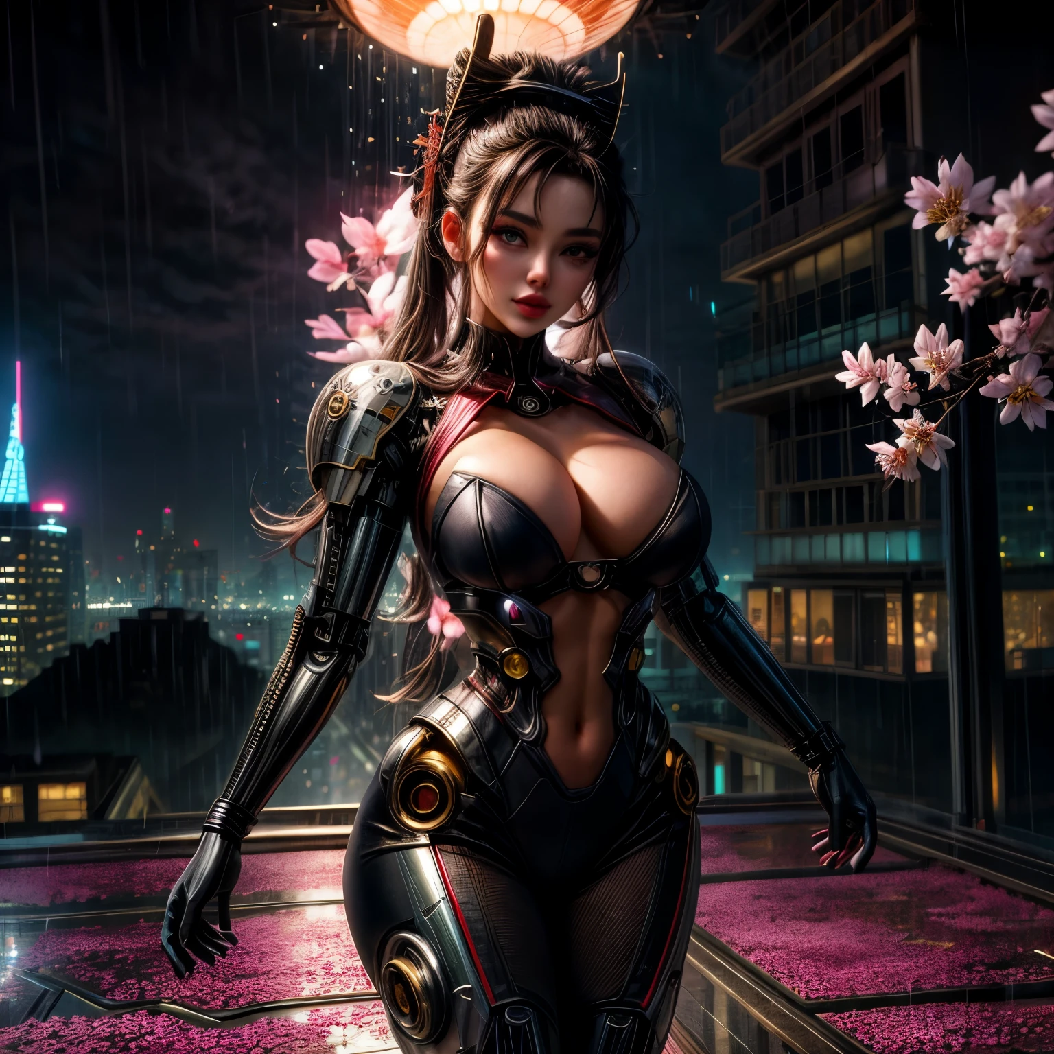 A cyborg geisha gracefully dances atop a skyscraper made entirely of crystals, reflecting the neon-lit city below. Her luminous eyes shines with a secret power, while petals of technicolor cherry blossoms rain down around her. Explore the futuristic realm where tradition meets innovation, and beauty knows no bounds.