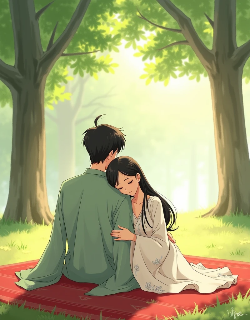 Create a anime style landscape image. Digital illustration in an anime style, depicting a serene outdoor scene. The layout features a couple sitting on a red patterned rug under the shade of tall trees with lush green foliage. The woman, with long black hair and fair skin, is wearing a flowing white dress adorned with delicate patterns. She has her eyes closed and leans gently against the man. The man, with short black hair and a slightly tanned complexion, is dressed in a light green traditional outfit. He sits behind her, embracing her tenderly with a calm and affectionate expression. The background is bathed in soft sunlight, creating a peaceful and intimate atmosphere.