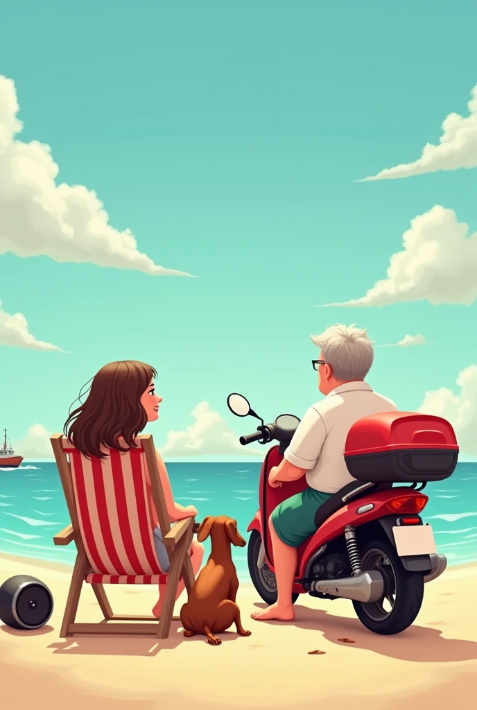 hairy dachshund dog and its owner a middle-aged man and his chubby wife with long hair sitting on the beach chair both looking at the ship on the horizon with a red motorcycle parked next to it and a dog on top of the motorcycle and a bluetooth sound system 