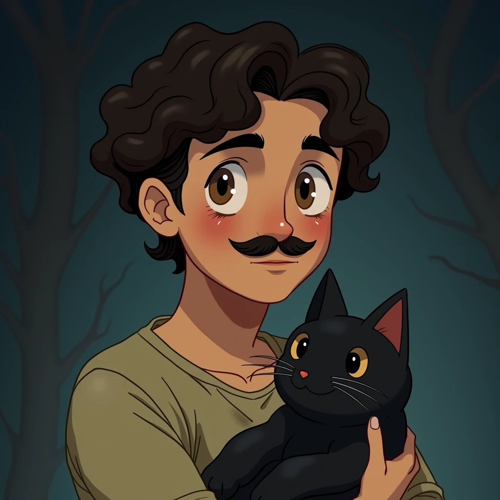 I would like a Ghibli style profile icon of a young man with a Handlebar mustache, a beard only under his mouth and on the tip of his chin, brown eyes and curly hair on top and sides cut shorter and he is holding a black cat, the background is something a little darker