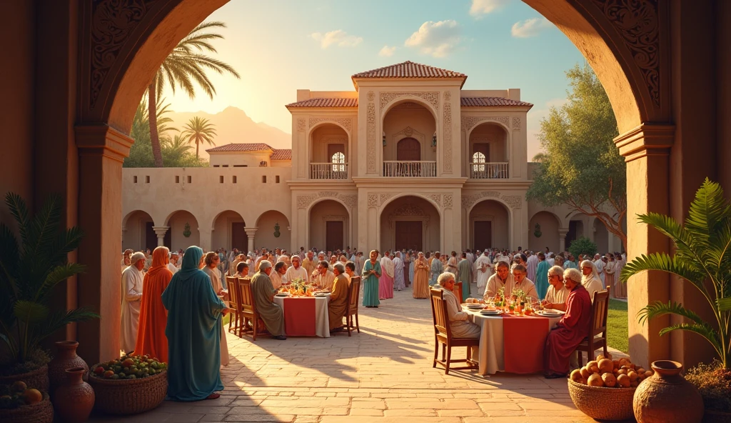 a house from the time of Job in the Bible, where a family party is taking place