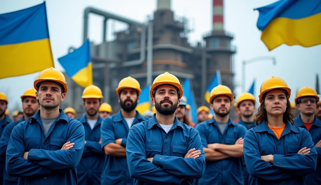 A demonstration of metalworkers in front of a modern factory, with large blue, white, and yellow banners, demanding more rights. The workers are united, some with crossed arms, and the scene is filled with an atmosphere of determination and struggle. Banners and signs with phrases: "2024 Salary Campaign" in Portuguese, workers in blue uniforms, yellow safety helmets, facing the camera, with the factory in the background.