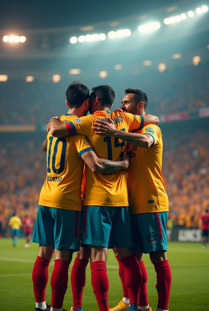 Messi, ronaldo and neymar are in the same uniform and they are hugging and the fans are clapping in the stadium