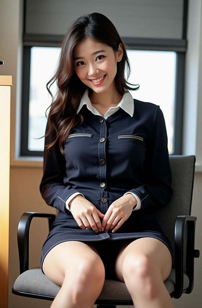 (masterpiece:1.2,8k, raw photo, ultra quality), absurdres, (photo realistic:2), high detail raw color photo,skiny skin, professional photograph,((best quality))、A very beautiful Japanese office lady、pencil denim skirt、dress shirt、skirt lift、White panties、Panty peeking、evil grin、smiling at viewer、Please put your feet up、short hair、Gray background、Sit on a chair、Front Light:1.3