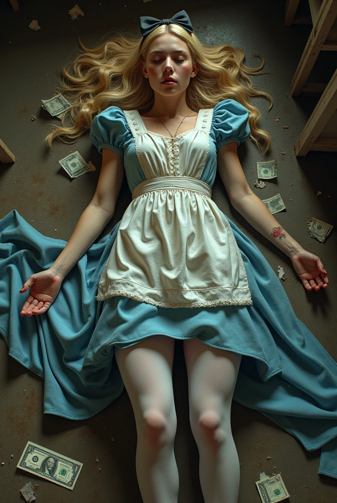 Messy Hair, Top Down, alice form alice in wonderland, (eyes closed), 2, blonde hair, white stockings, black bow in hair, alice’s dress, skinny natural body, highest definition, ultra high quality, after Sex, lots of cum, massive cum in pussy, asleep, spreading legs, laying on the ground, pubic hair, lots of trash on the floor, shoes, pale skin, nylon stocking, money, used condom, View from above