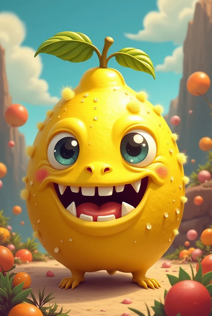 GENERATES AN ILLUSTRATION OF A LEMON WITH THE FACE OF A CUTE MONSTER.