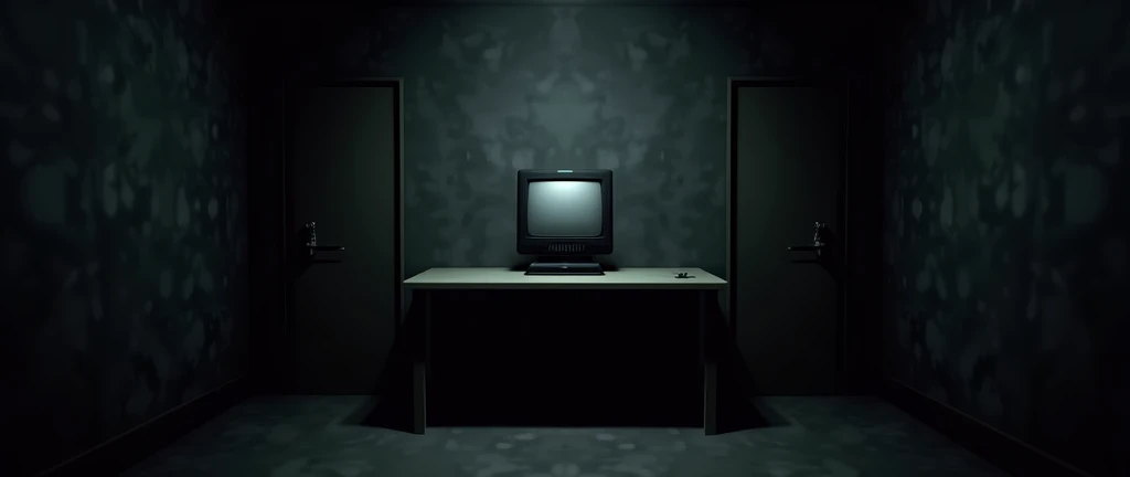 I want you to create images. I'm going to use them in a fnaf fan game I'm making., call "Five Night's at Sandman". Image Description: A dark and gloomy room, with a table and a security monitor on top of it. There needs to be a half-open door on the sides of the table. (not completely open). Place the doors on the wall in front of the table.. Do not place doors on the walls that are on the sides of the table.. Important: A DOOR ON EACH SIDE OF THE TABLE! *The image needs to be in first person, as if the camera were a person's eyes* make a realistic image. REMEMBER THE IMAGE IS FOR A GAME/FNAF STYLE FAN GAME!