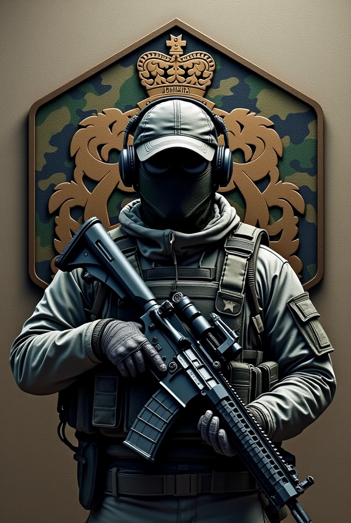 Create Hexagonal Rubber Patch Cliché Image, camouflage coat of arms background,military coat of arms with the name Lukinha Airsoft and an operator carrying an m4 rifle wearing a cap and headphones
