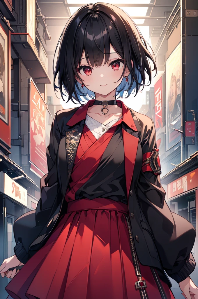 (masterpiece, highest quality, highest quality, (No text), Beautiful and aesthetic:1.2),No text,アニメ、BREAK,One Girl,Black Hair Girl adult short hair older sister choker Beautiful eyes Red eyes cool smile Black and Red skirt Black jacket whole body In town