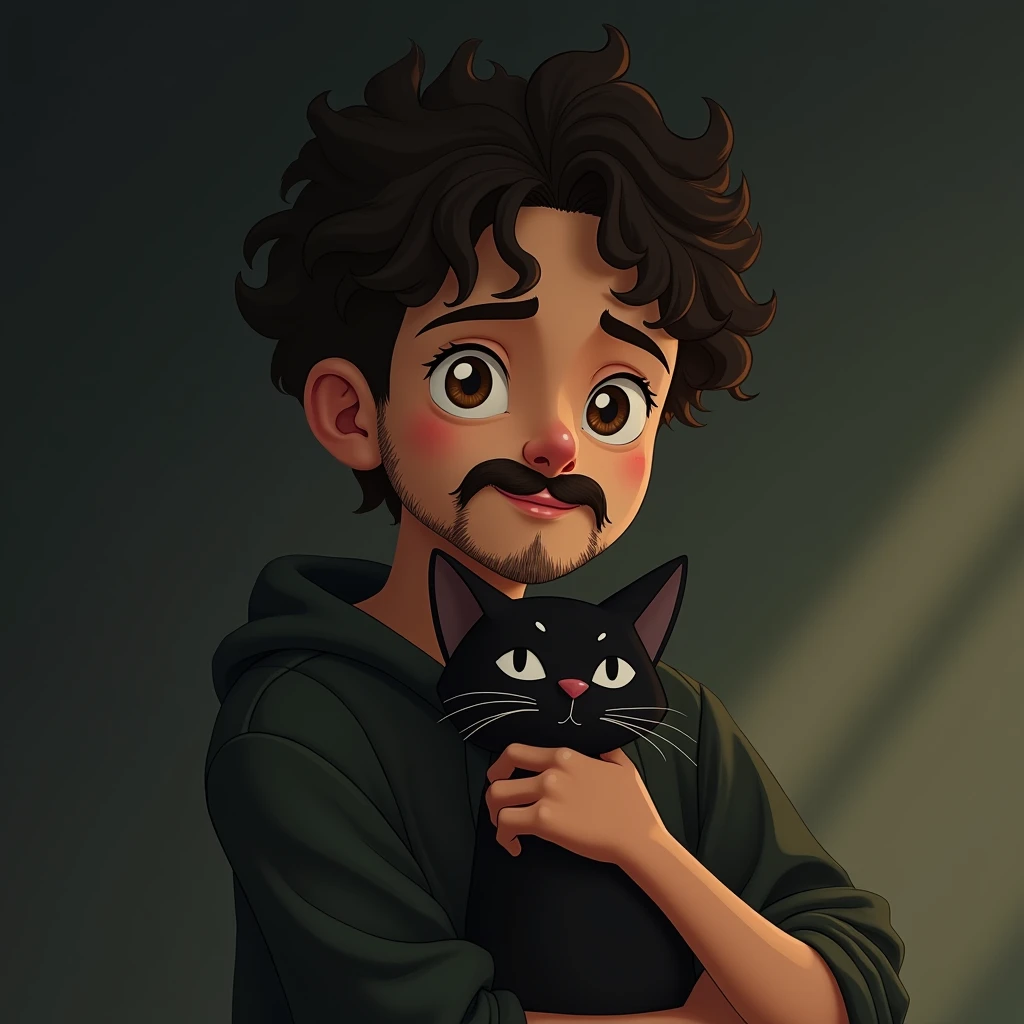 I would like a Ghibli style profile icon of a young man with a Handlebar mustache, a beard only under his mouth and on the tip of his chin, brown eyes and curly hair on top and sides cut shorter and he is holding a black cat, the background is something a little darker