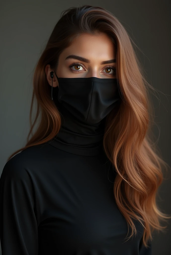 beautfull woman, 2, 170cm tall, 80kg, average build, Arabic, honey brown hair, brown dark eyes, wearing black clothes, earphone, covered mouth, realisitic, photorealisitic, hyper detailled, high qualiy, 8k, work of art, details Intricate, dramatic lighting, film composition, natural skin tones, volumetric lighting, Depth of field, ultra detali, Physically based rendering, professional photograpy