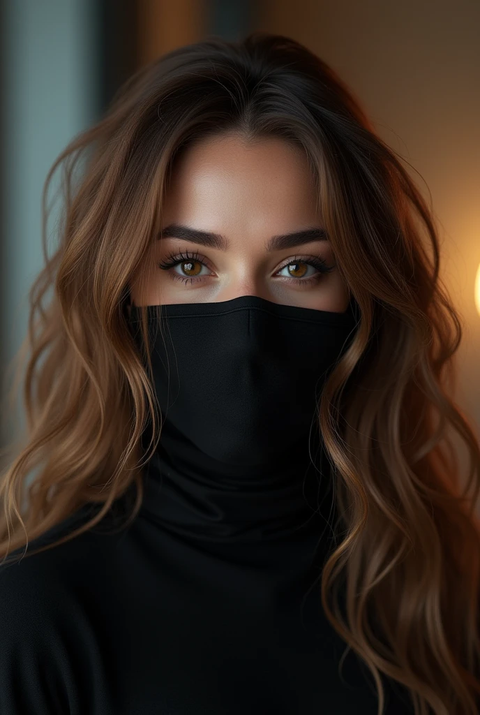 beautfull woman, 2, 170cm tall, 80kg, average build, Arabic, honey brown hair, brown dark eyes, wearing black clothes, earphone, covered mouth, realisitic, photorealisitic, hyper detailled, high qualiy, 8k, work of art, details Intricate, dramatic lighting, film composition, natural skin tones, volumetric lighting, Depth of field, ultra detali, Physically based rendering, professional photograpy