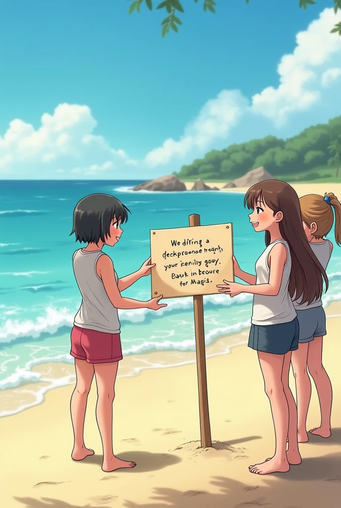 But they realize that today there is a sign and the 3 girls are surprised on the beach