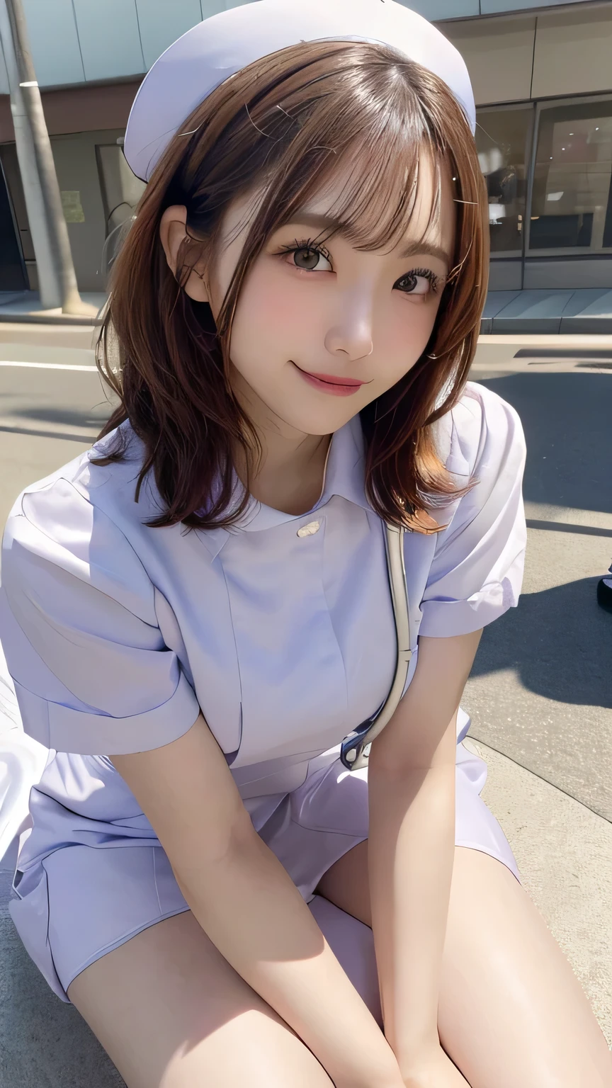 Tabletop, Highest quality, figure, Very detailed, In detail, High resolution, 8k wallpaper, Perfect dynamic composition, Beautiful attention to detail, (Nurse uniform)、(Sitting with legs up、Panty shot 1.2),Medium Hair, Natural color lip, Random sexy poses,smile,Aoyama Street Walk、2