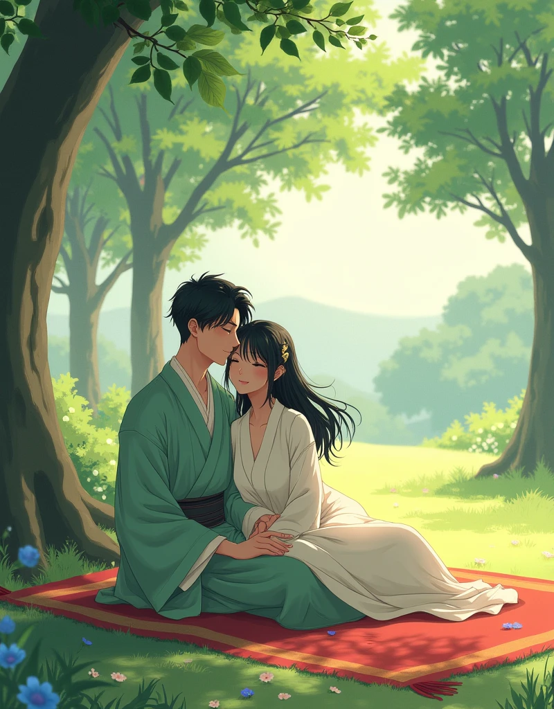 Create a Japanese anime style landscape image. Digital illustration in an anime style, depicting a serene outdoor scene. The layout features a couple sitting on a red patterned rug under the shade of tall trees with lush green foliage. The woman, with long black hair and fair skin, is wearing a flowing white dress adorned with delicate patterns. She has her eyes closed and leans gently against the man. The man, with short black hair and a slightly tanned complexion, is dressed in a light green traditional outfit. He sits behind her, embracing her tenderly with a calm and affectionate expression. The background is bathed in soft sunlight, creating a peaceful and intimate atmosphere.