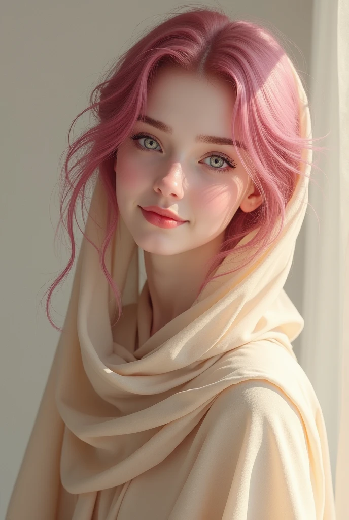 Beige abaya white eyes dark pink hair smile