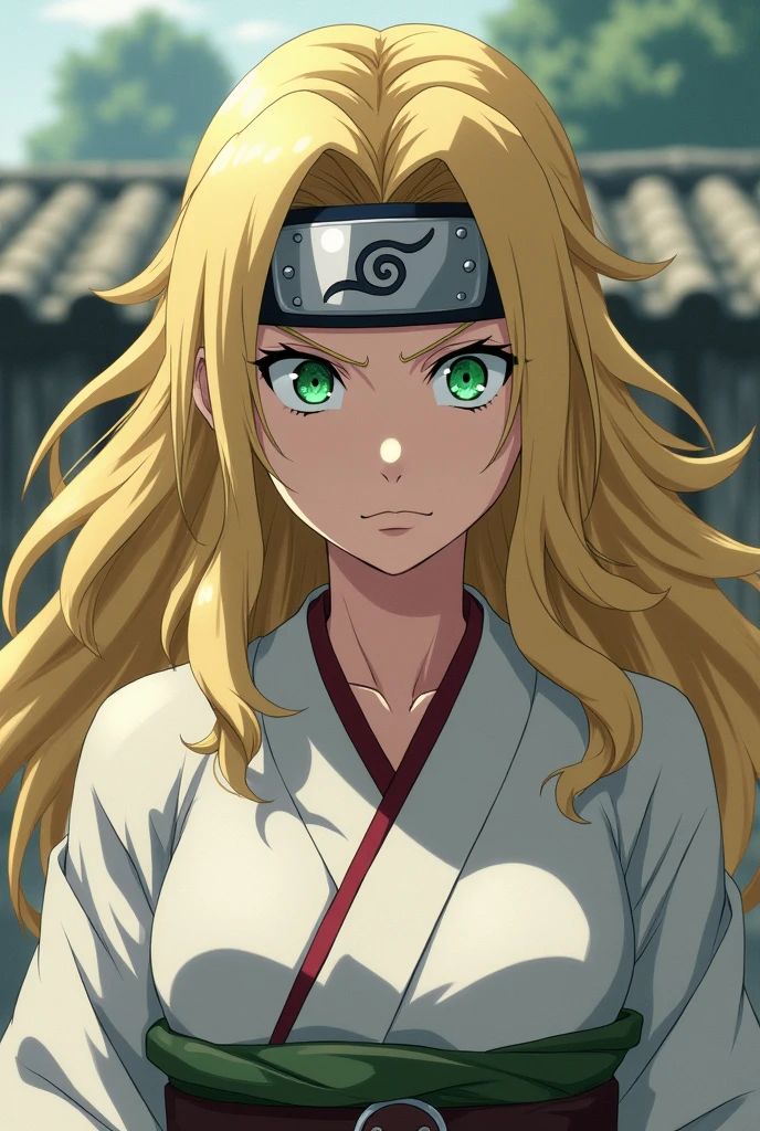 Facial Expression: Capture a fierce and determined expression. She often has a confident smirk or a serious gaze that reflects her strength and resilience.
Hair: Tsunade has long, blonde hair. Consider giving her a slightly tousled look to show movement or energy, which adds to her strong demeanor.
Eyes: Emphasize her emerald green eyes. You could give them a fierce gleam to match her strong expression.
Clothing: Tsunade typically wears a white kimono-style outfit. You could design her wearing her traditional attire or opt for a more modern twist while retaining her signature colors (greens and beige).
Accessories: Incorporate her forehead protector as a headband, and perhaps add some jewelry that hints at her status as a legendary ninja.
Background: Use a simple, dynamic background that frames her well—perhaps a blurred landscape or a symbol that represents her character, like a wooden training ground or the Konoha symbol.
Full body image
