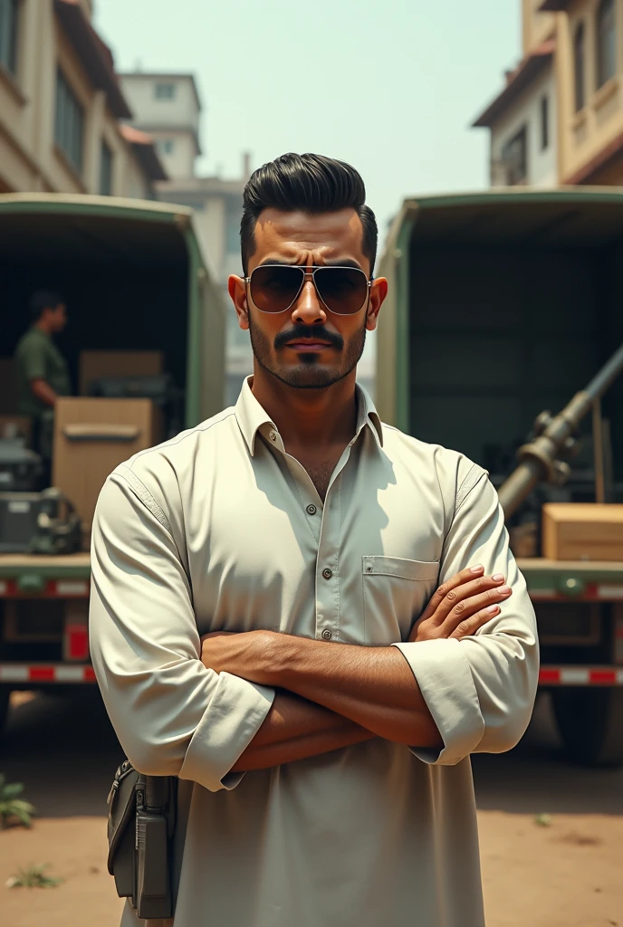 Create an image of a man standing in front of a Bangladeshi tea shop. The man has closely cropped, slicked-back dark hair, a thin mustache, small sharp features, and is wearing rectangular, dark-tinted sunglasses. He has a confident expression with a slight smirk and holding a rocket launcher. Behind him, there are two large trucks, with their backs open, showing crates and boxes. These crates contain military-style equipment and tactical gear, with some pieces partially visible guy should be wearing white Panjabi kurta and he owns the there must be a bangali tea shop and he's