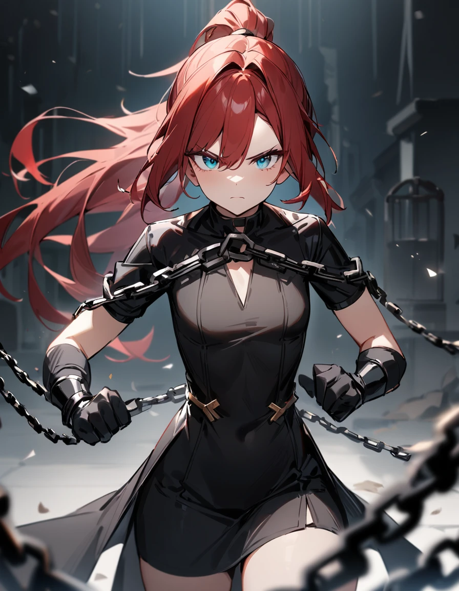 1girl,deep orangered ponytail hair,turquoise eyes,serious,small breasts,black clothes,(break the chain),masterpiece, best quality, very aesthetic, absurdres