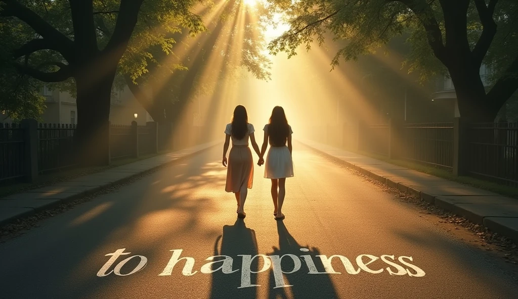 “to happiness” scribbled in chalk on the road, ((masterpiece, highest quality, Highest image quality, High resolution, photorealistic, Raw photo, 8K)), ((Extremely detailed CG unified 8k wallpaper)), The back view of a two woman walking hand in hand, on a tree-lined street with sunlight filtering through the trees, the last scene of a romantic movie, green leaves and white light, a walkway in the morning mist, seen from above,