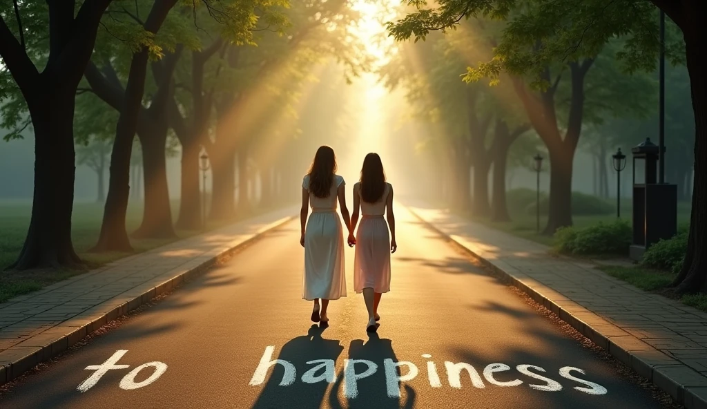 “to happiness” scribbled in chalk on the road, ((masterpiece, highest quality, Highest image quality, High resolution, photorealistic, Raw photo, 8K)), ((Extremely detailed CG unified 8k wallpaper)), The back view of a two woman walking hand in hand, on a tree-lined street with sunlight filtering through the trees, the last scene of a romantic movie, green leaves and white light, a walkway in the morning mist, seen from above,