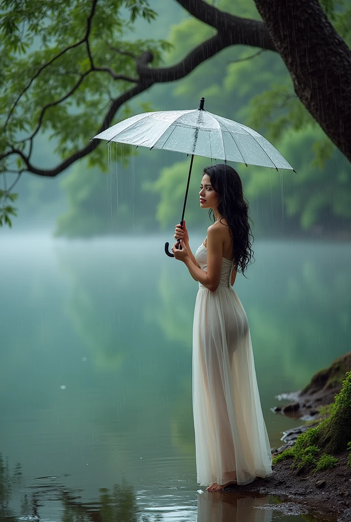 Photoshoot of a beautiful woman enjoying the rain using an umbrella on the edge of a clear lake and under a tree. .