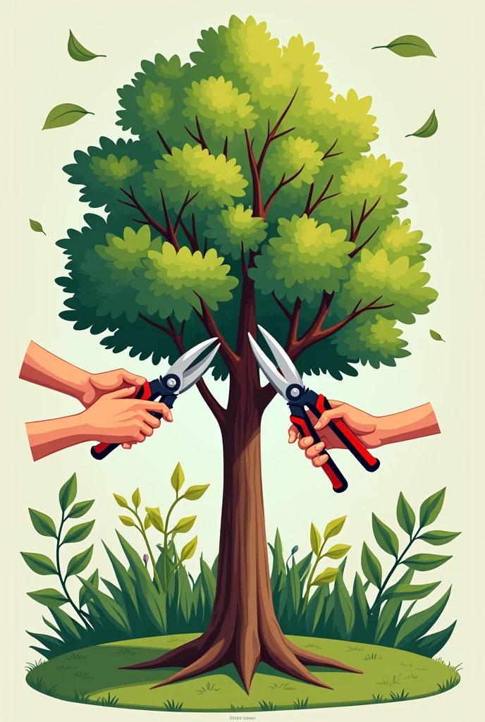 Create a picture of how to prune a tree, with instructions