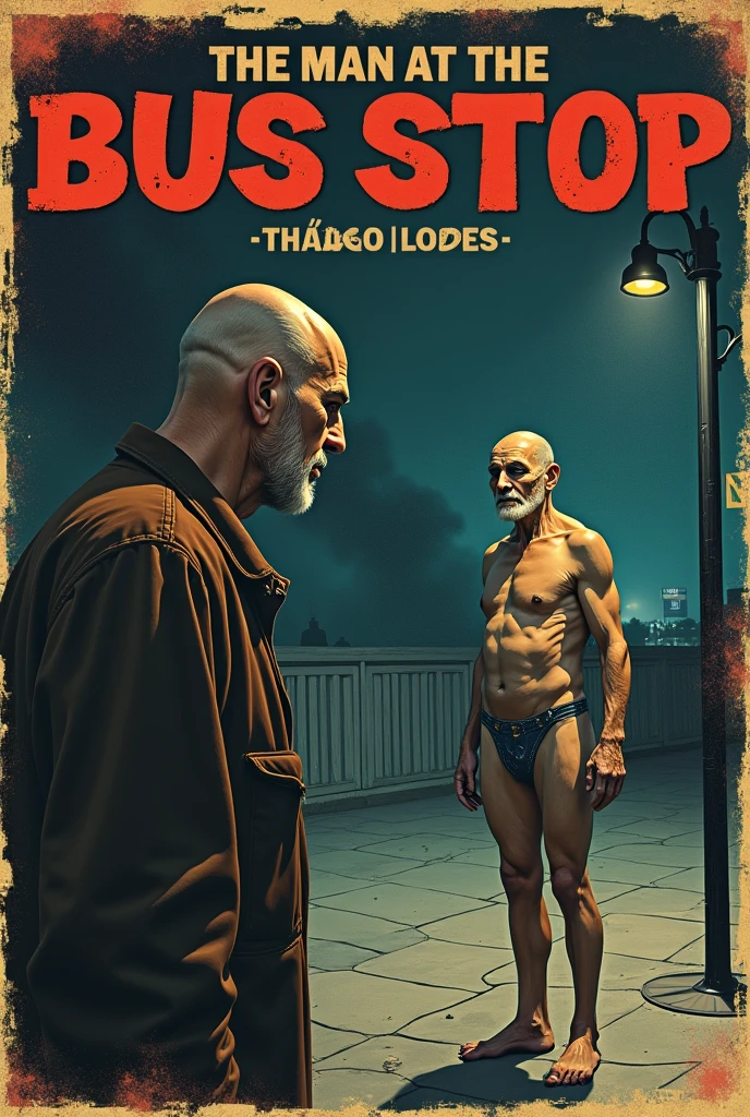 Create a vintage poster style art, for the horror story, The Man at the Bus Stop, by writer Thiago Lopes, which tells the story of a bald and bitter bar owner who meets a naked old man at night and discovers that this man is waiting for the bus that will take him to hell.
Add author name, Thiago Lopes