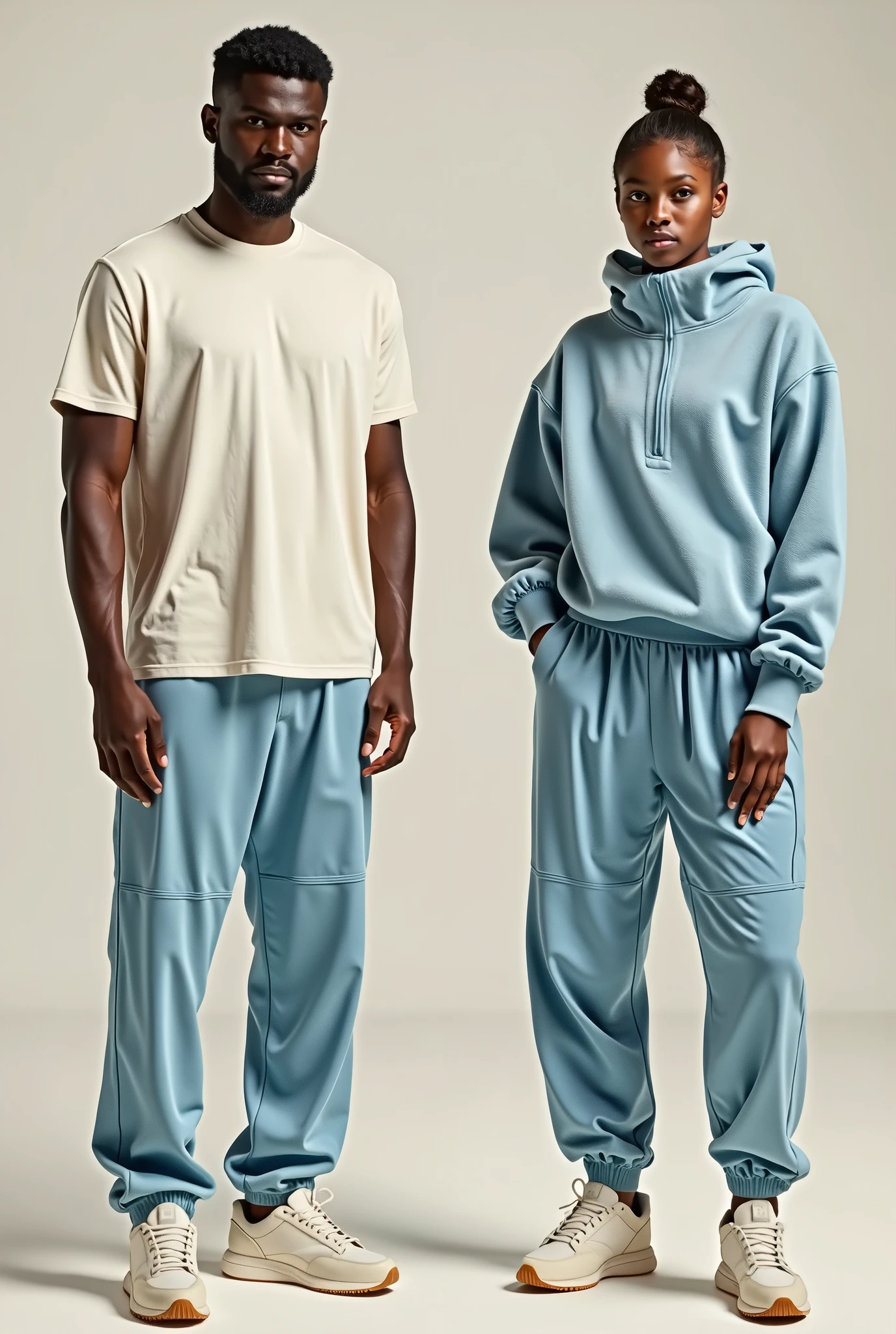 Create a sports outdoor uniform for men and women with pants, Sweater and T-shirt that combine, preferably cream and light blue