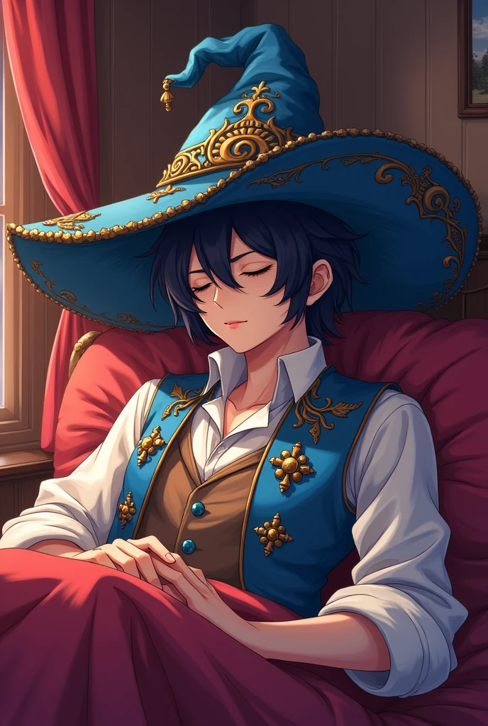 tibia game (work of art),(best qualityer:1.0), (ultra high resolution:1.0), detailed illustration, 8k, アニメ, work of art, wearing a big blue hat on his rusty head , sleeping, bed-in , red lo , detailed hat, best qualityer,(wanderer:1.2), red lo, bed-in, (impacto genshin), 1 , male focus, standing alone, Vest,(kbxl:0.5), estilo アニメ, vibrant archer, sleeping, flexas, I am deified