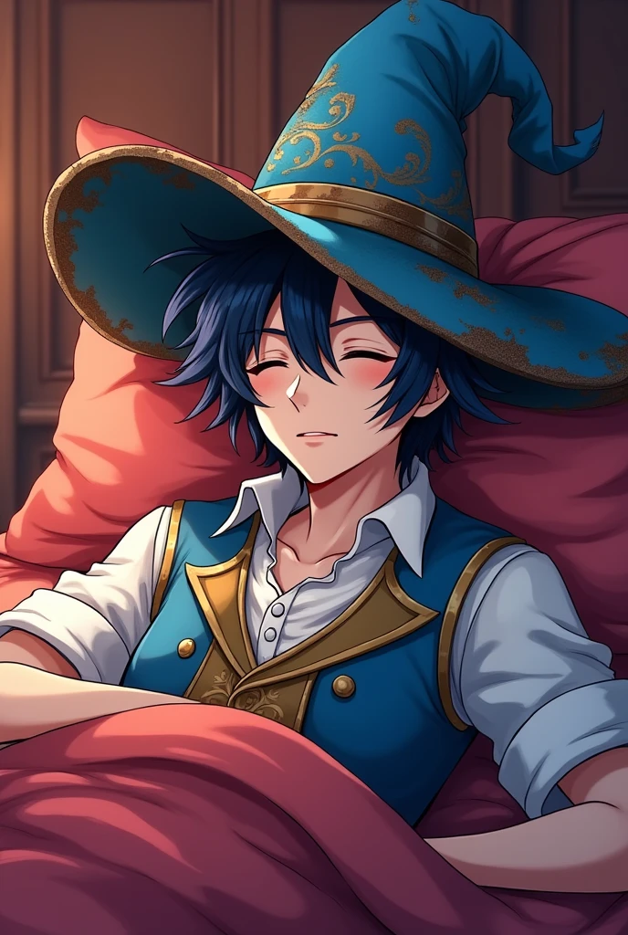 tibia game (work of art),(best qualityer:1.0), (ultra high resolution:1.0), detailed illustration, 8k, アニメ, work of art, wearing a big blue hat on his rusty head , sleeping, bed-in , red lo , detailed hat, best qualityer,(wanderer:1.2), red lo, bed-in, (impacto genshin), 1 , male focus, standing alone, Vest,(kbxl:0.5), estilo アニメ, vibrant archer, sleeping, flexas, I am deified