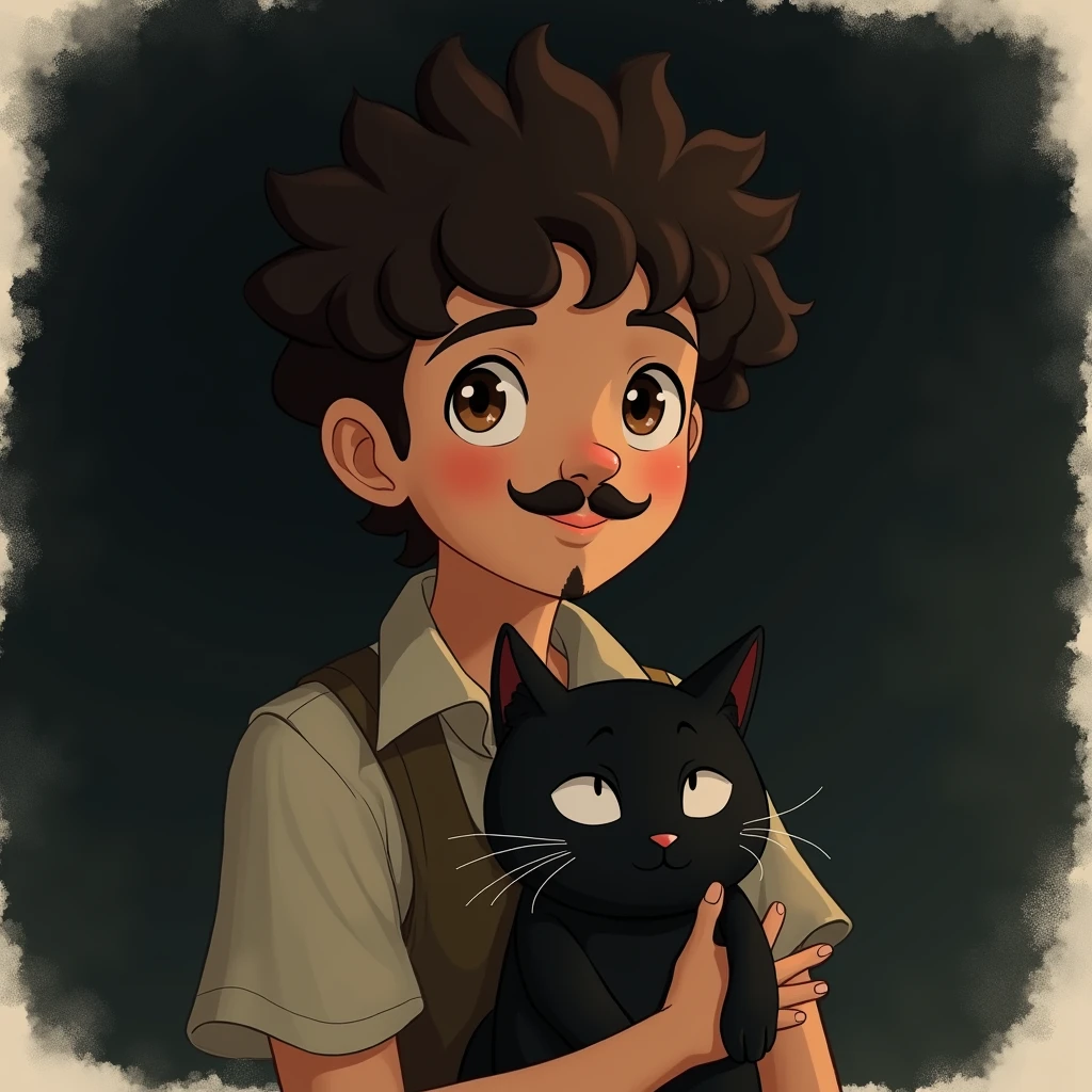 I would like a Ghibli style profile icon of a young man with a Handlebar mustache, a beard only under his mouth and on the tip of his chin, brown eyes and curly hair on top and sides cut shorter and he is holding a black cat, the background is something a little darker