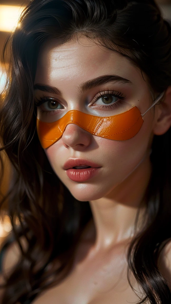 (((ultra realistic))) Photo, masterpiece, top quality, (Pale skin), (Ultra detailed face and eyes.:1.3), 1 girl, naked ((eye makeup, mask)), ((big detailed lips)), ((dark wavy hair)), ((stylish hairstyle)) , (heavy breasts). ((Posing)), Photoshoot, (contour) Turning on, (The game of lights and shadows), depth of field, bokeh, (Special attention to leather details.: 1.2), detailed leather texture, skin pores. (Warm frame environment.. color combination - black, yellow, red, orange tones), DR, ((film grain)), good heavens, (Glare), ((Photo to the waist)) , ultra detialed,