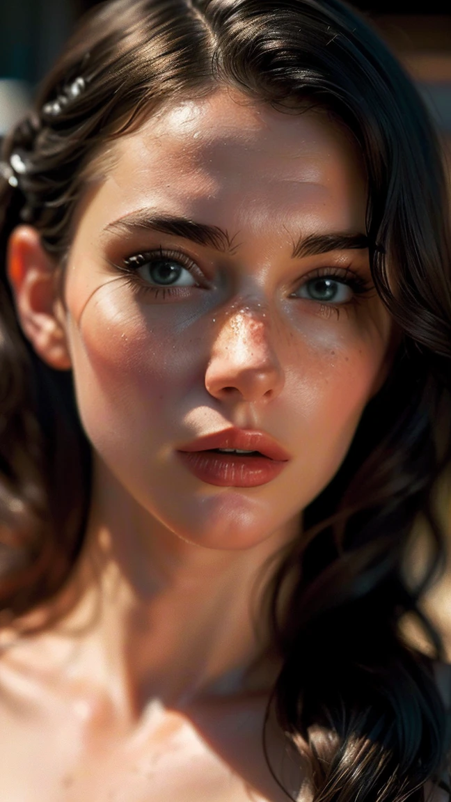 (((ultra realistic))) Photo, masterpiece, top quality, (Pale skin), (Ultra detailed face and eyes.:1.3), 1 girl, naked ((eye makeup, mask)), ((big detailed lips)), ((dark wavy hair)), ((stylish hairstyle)) , (heavy breasts). ((Posing)), Photoshoot, (contour) Turning on, (The game of lights and shadows), depth of field, bokeh, (Special attention to leather details.: 1.2), detailed leather texture, skin pores. (Warm frame environment.. color combination - black, yellow, red, orange tones), DR, ((film grain)), good heavens, (Glare), ((Photo to the waist)) , ultra detialed,