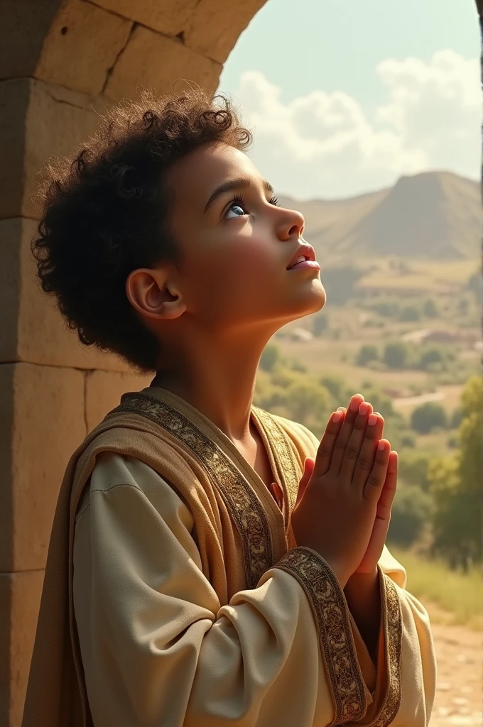 Samuel as a in Israelite robes praying and looking up